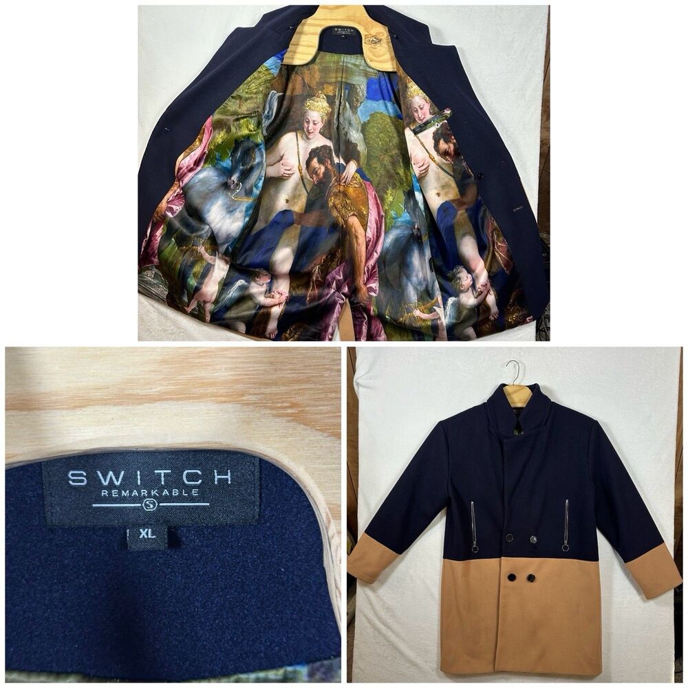 Switch Remarkable‎ XL Double Breasted Colorblock Coat w/ Renaissance Art Lining